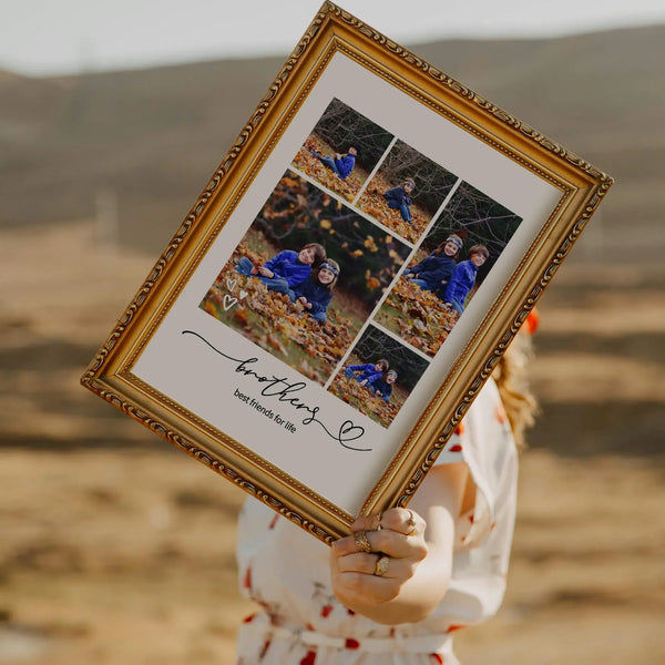 Woman holding framed brothers photo collage