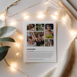 Printed roommate photo collage next to string lights