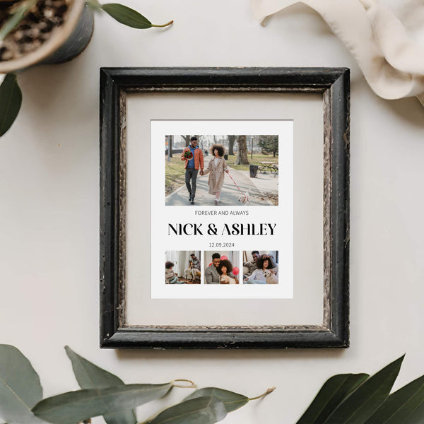Framed photo collage with props