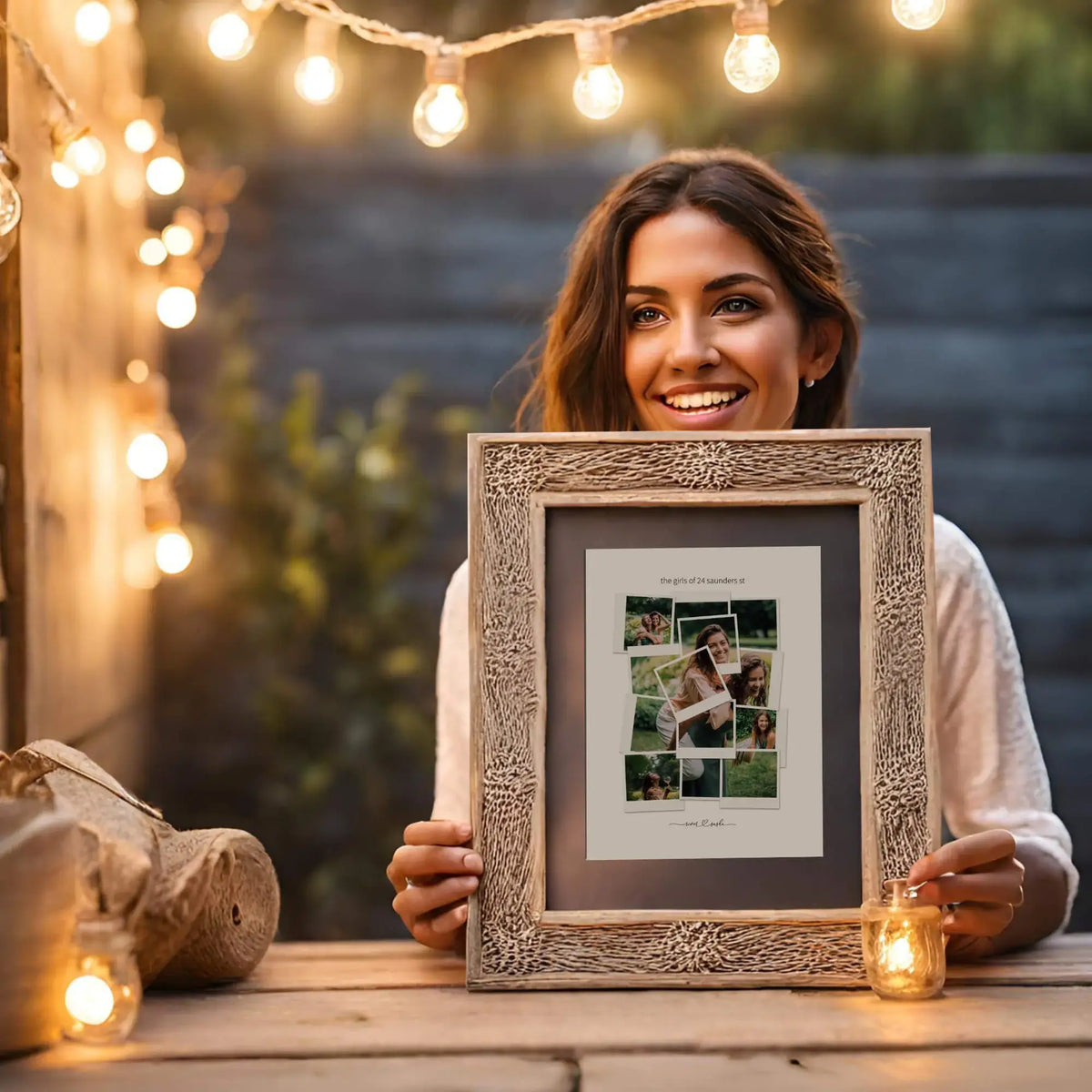 Woman Holding Framed Roommate Photo Collage Outside Under String Lights
