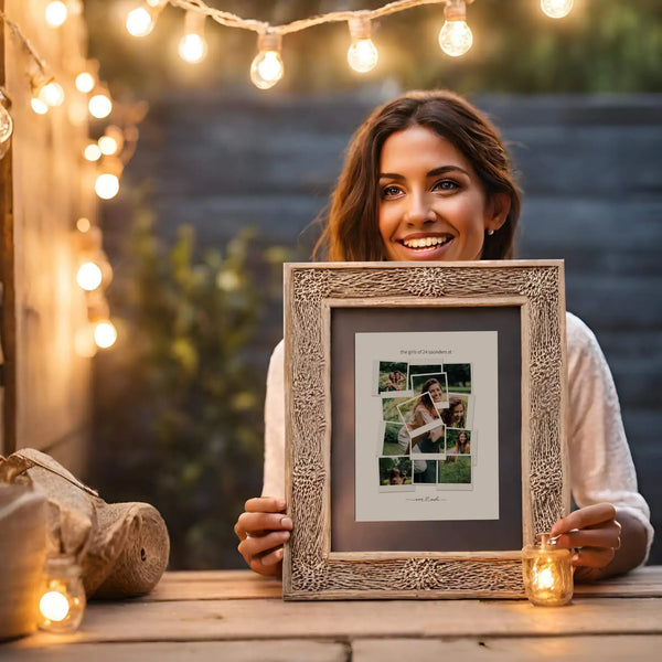 Woman Holding Framed Roommate Photo Collage Outside Under String Lights