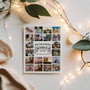 Family story photo collage print next to string lights