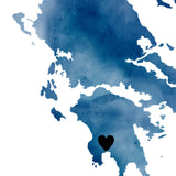 Up close details of blue watercolour greek map