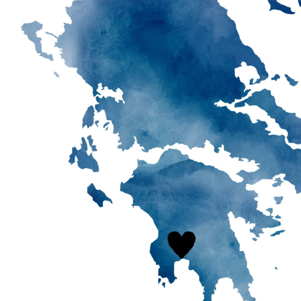 Up close details of blue watercolour greek map