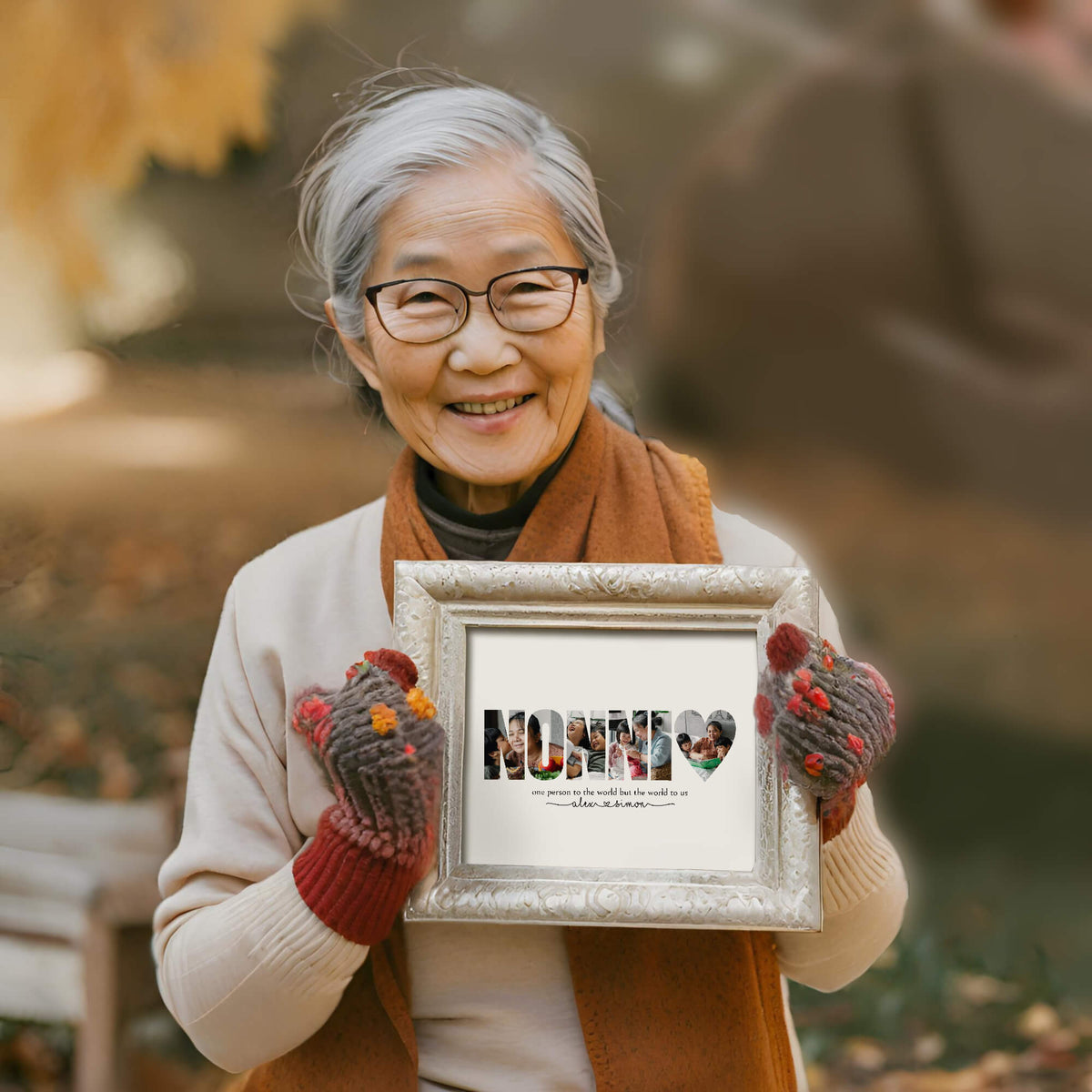 Older woman holding framed nonni word photo collage art