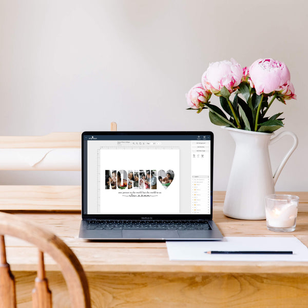 Laptop displaying nonni photo collage template editing browser