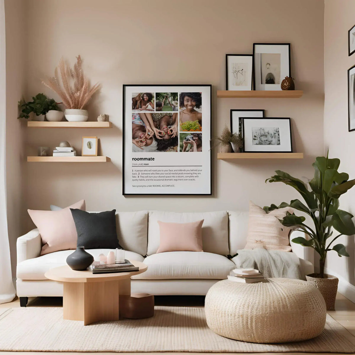 Framed roommate photo collage on living room wall