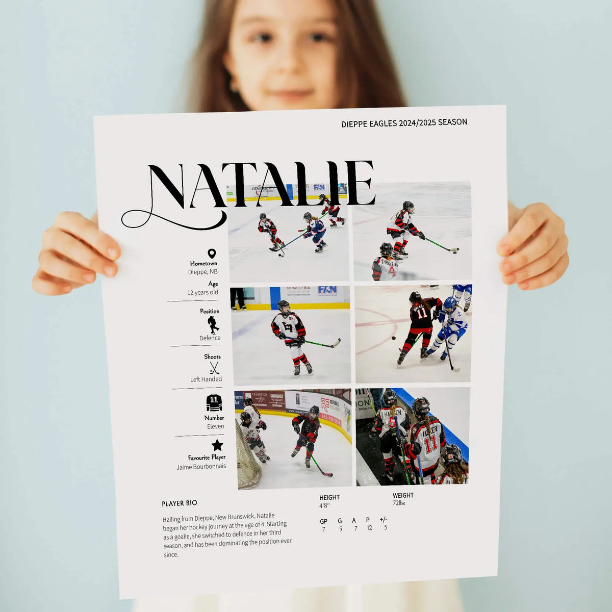 Little girl holding print of athlete photo collage