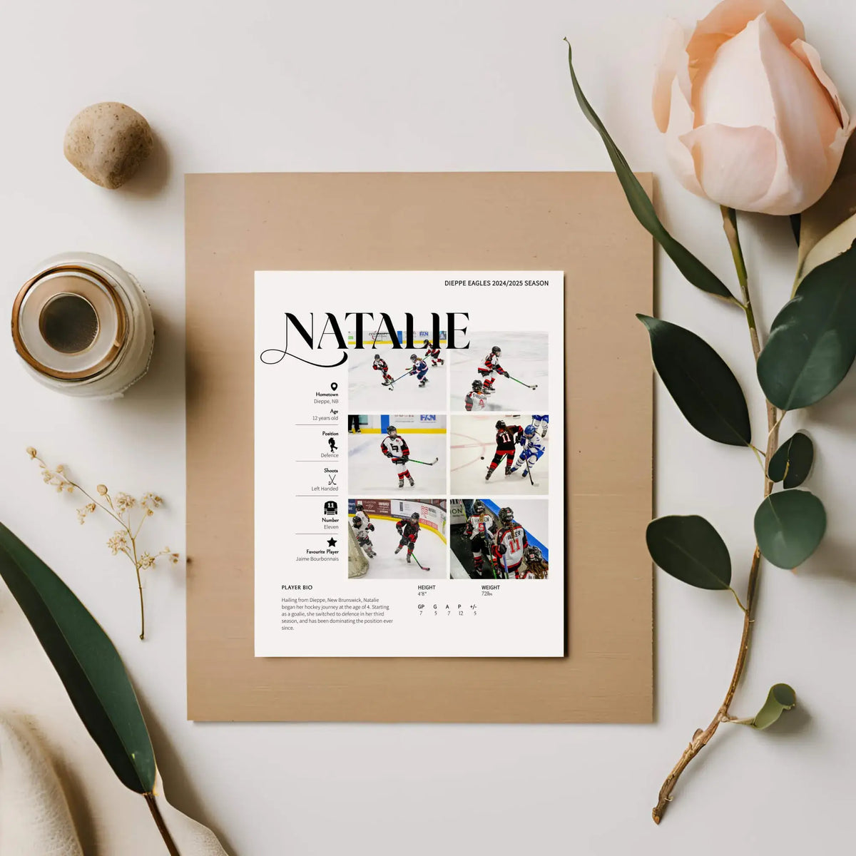 athlete photo collage print next to flower