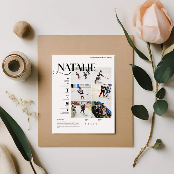 athlete photo collage print next to flower