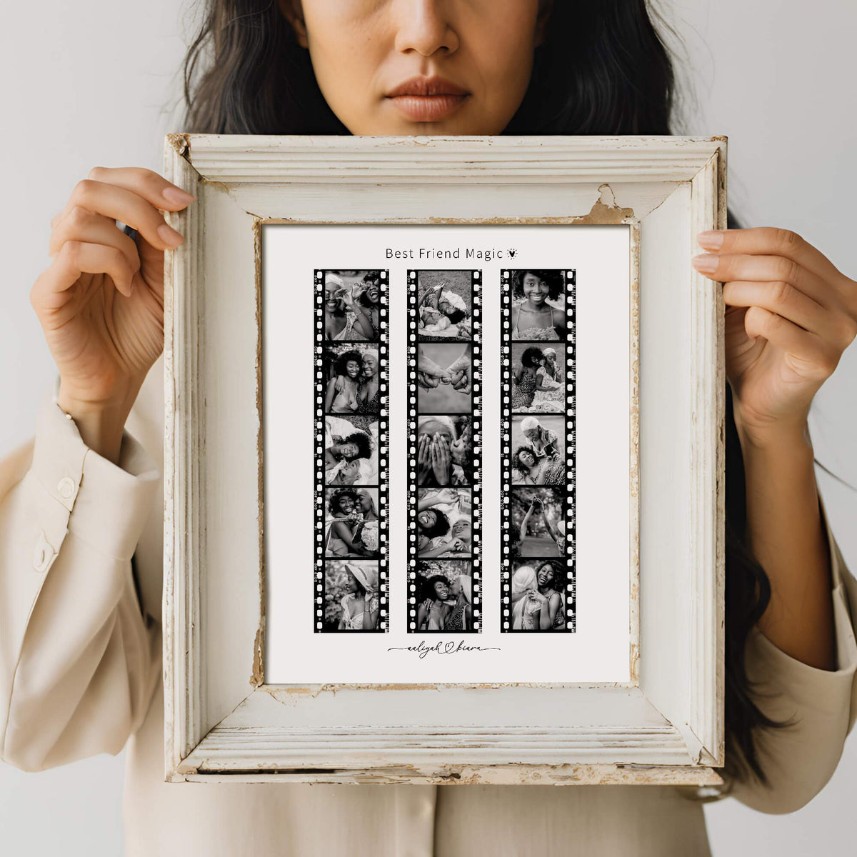 Woman holding framed photo strip collage