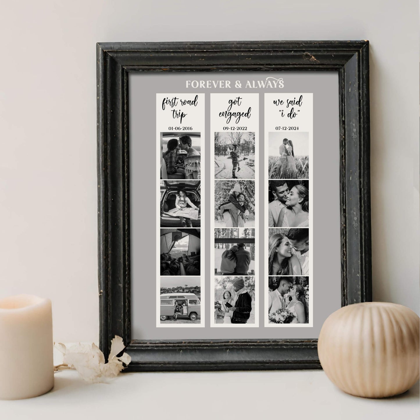 Photo strip collage in black and white frame next to candle