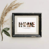 Paw Print Home Word Collage in distressed black frame next to branch of pampas grass