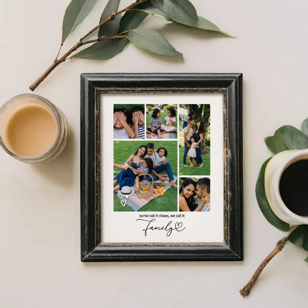 framed family photo collage next to leaves