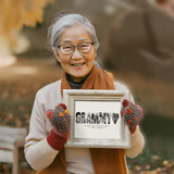 Older woman holding framed grammy photo collage