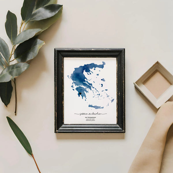 Blue Watercolour greek map in distressed black frame with boho props