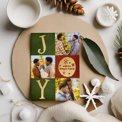 Holiday joy photo card on flat lay with winter props