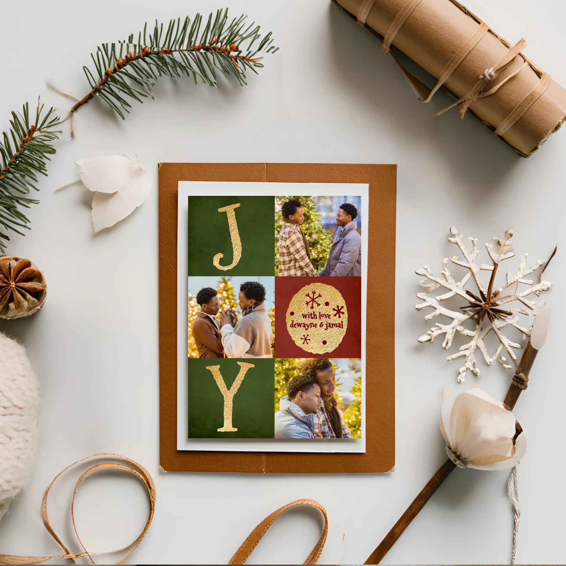 Holiday joy photo card on flat lay with winter props