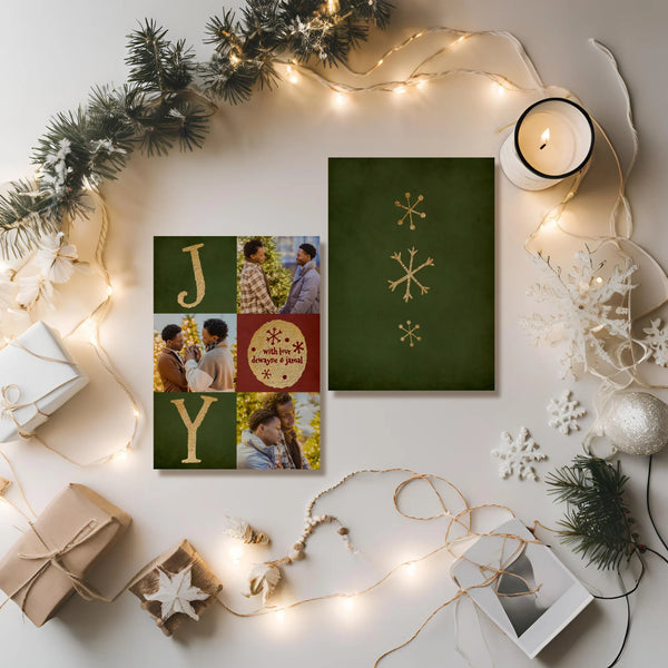 Holiday joy photo card front and back design on flat lay with winter props