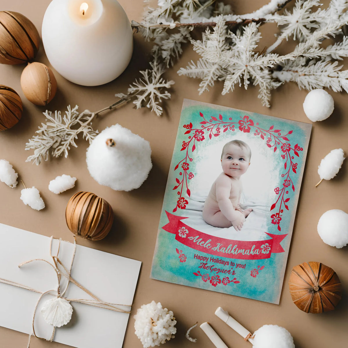 Mele Kalikimaka Photo Card with Winter Props