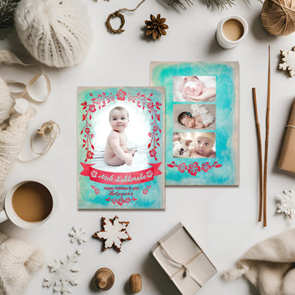 Front and back design of photo card with winter props