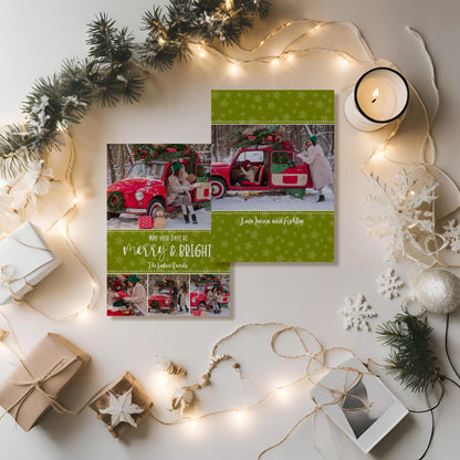 Holiday photo card displaying front and back laying on holiday display with winter props