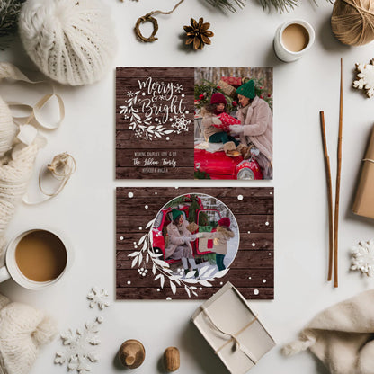 Front and Back Design of Holiday Photo Card on Flat Lay with Winter Props