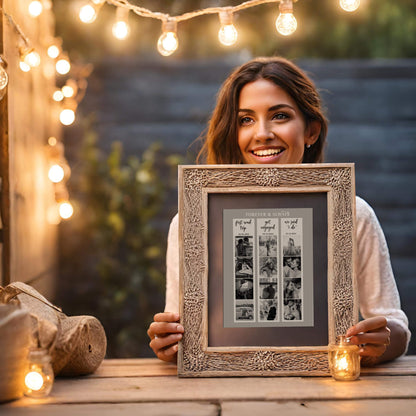 Woman holding framed photo strip collage