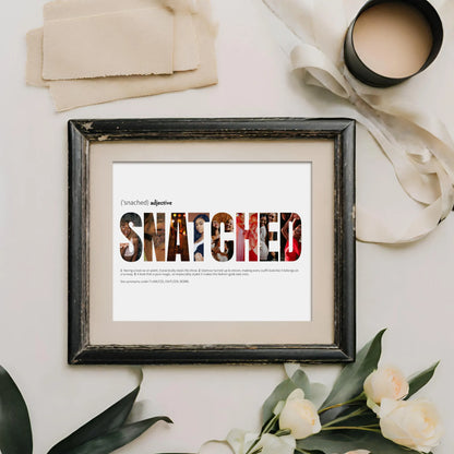 Snatched Word Art Collage in a black distressed frame with boho props