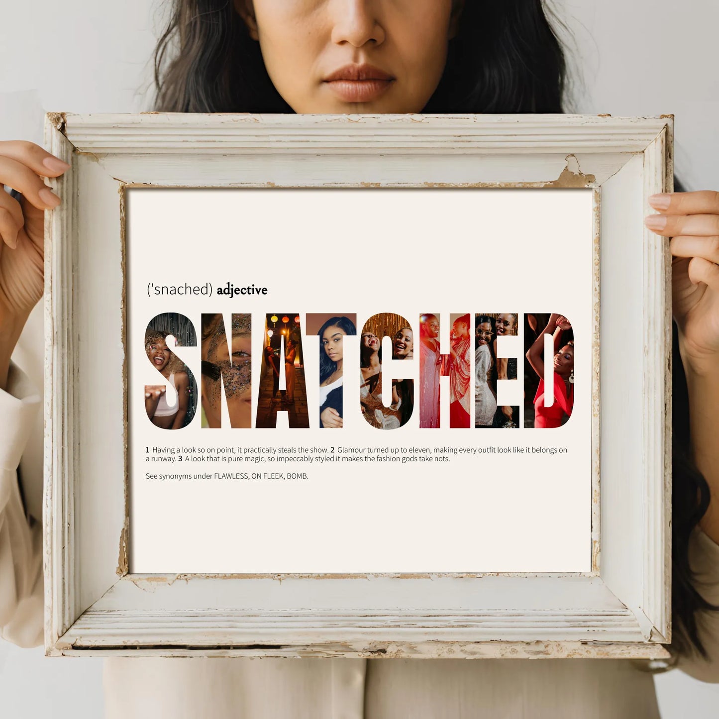 Woman holding white distressed frame containing 'snatched' photo collage