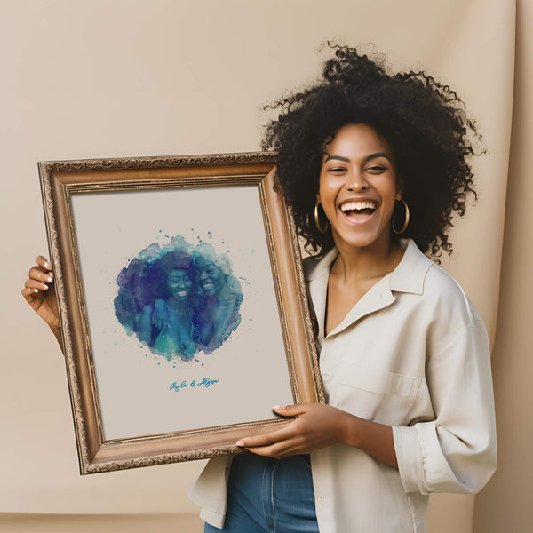 Woman holding framed blue watercolour portrait