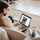 Woman editing you me oui photo collage template on laptop