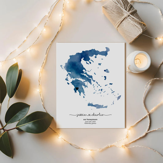 Blue Watercolour greek map with props and string lights