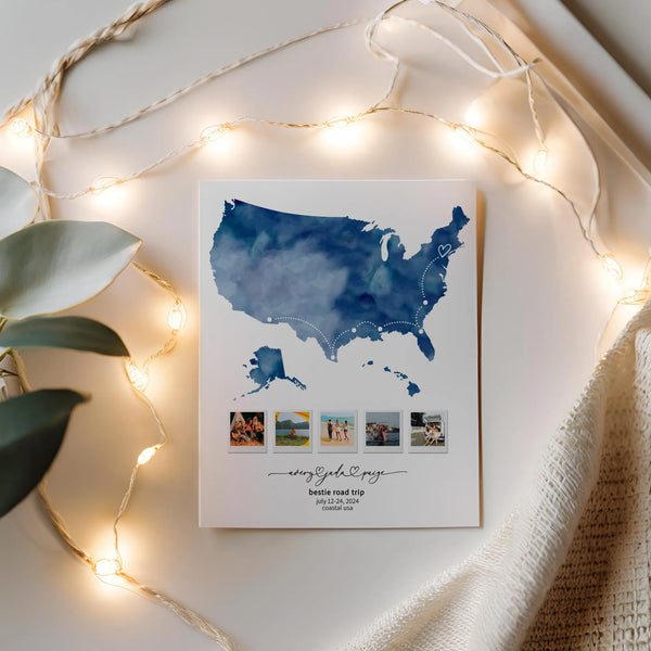 Blue USA Map collage print on flat lay surrounded by string lights