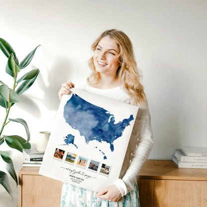 Woman holding print of blue USA map collage