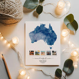 Print of Blue Australia Map Photo Collage surrounded by string lights