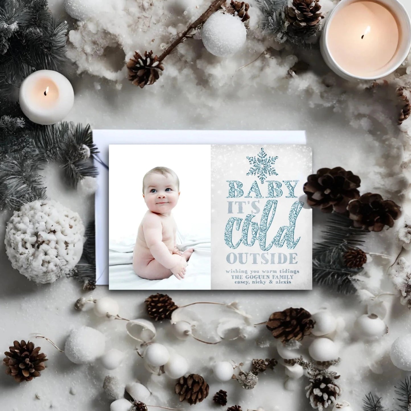 Blue Glitter Baby Its Cold Outside Do It Yourself Holiday Photo Greeting Card Template