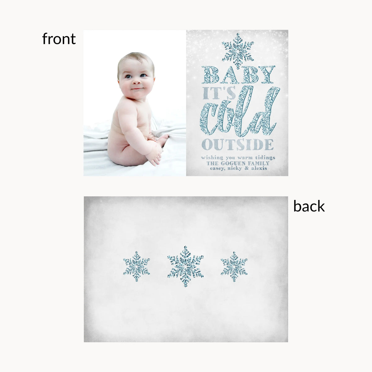 Blue Glitter Baby Its Cold Outside Photo Card Frontside and Backside