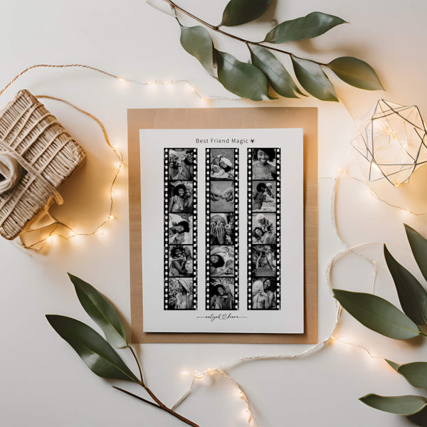 Photo Strip Collage Print next to branched and string lights