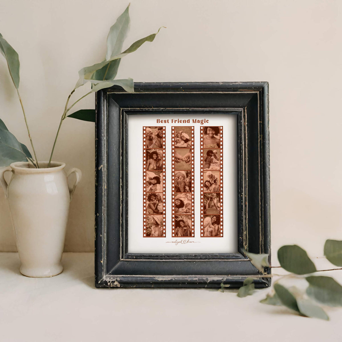 Framed film strip photo collage next to vase with branches