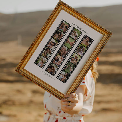 Woman holding framed photo strip collage