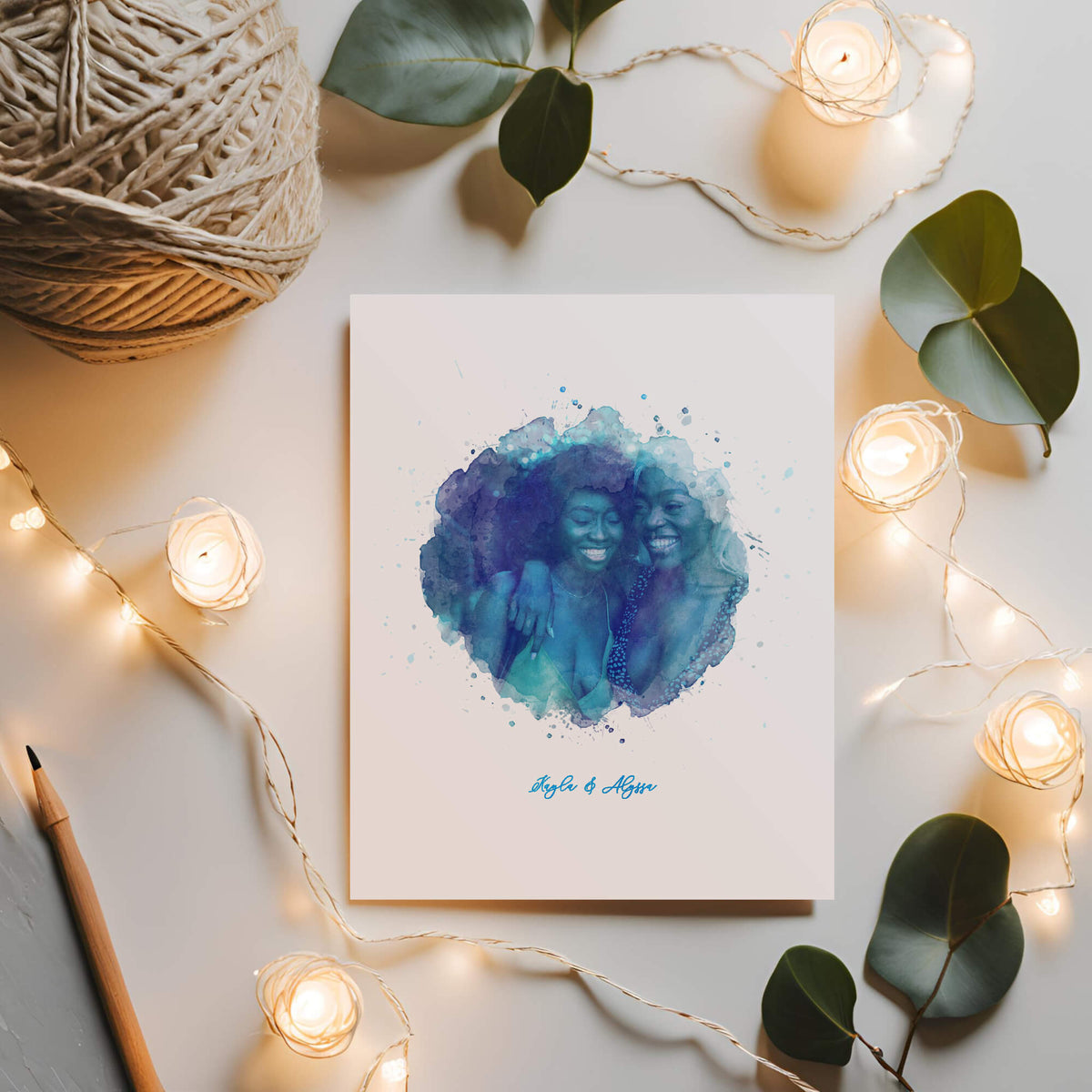 Blue Watercolour Portrait Surrounded by String Lights