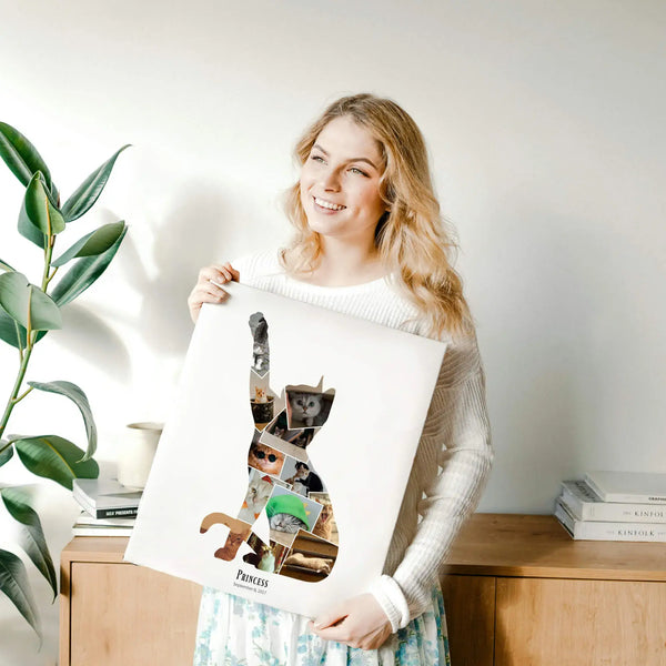 Woman holding Cat Silhouette Photo Collage print