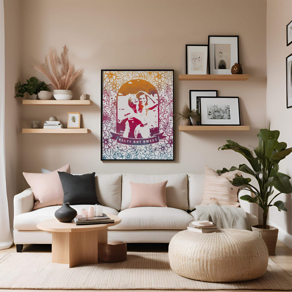 Framed floral pop art portrait on wall in living room