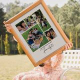 Woman holding framed family photo collage sitting outside