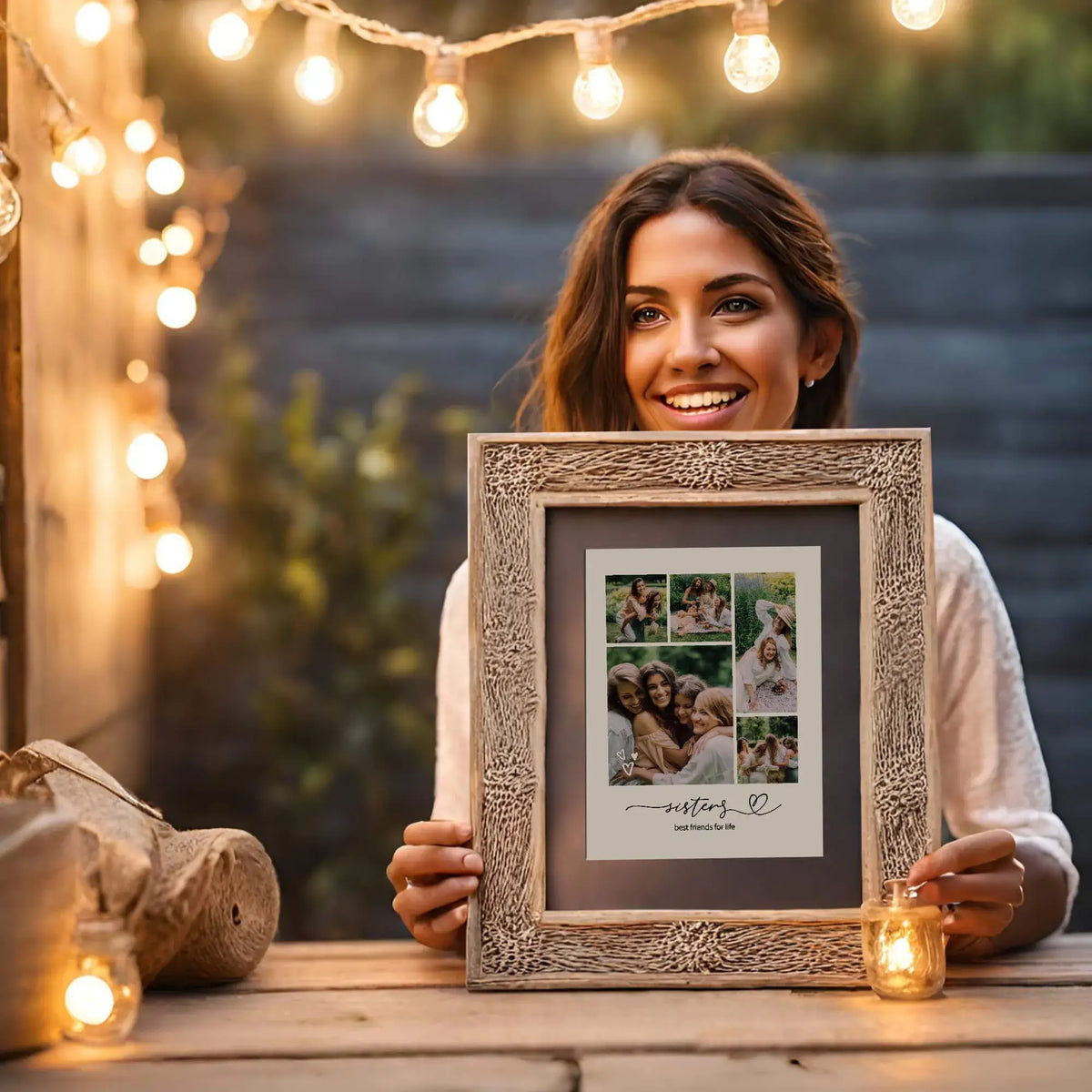 woman holding framed sisters photo collage outside near string lights