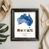 Blue Australia Map collage in distressed black frame with props