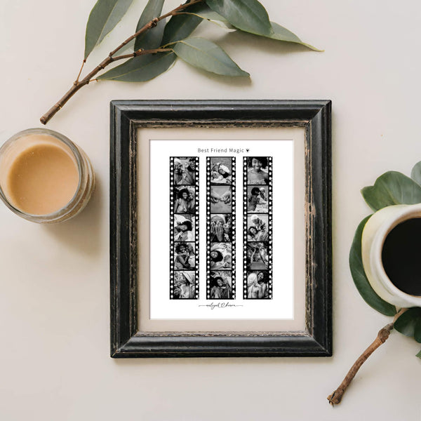 Framed film strip collage next to branch