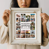 Woman holding framed family story photo collage