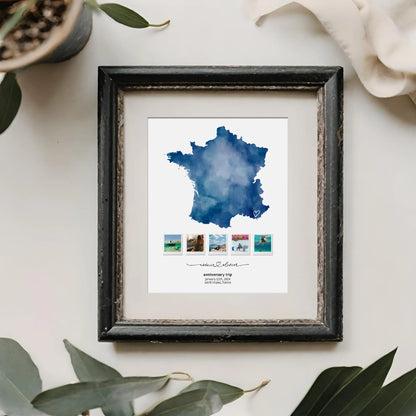 Blue Map of France in Distressed Black frame with floral props